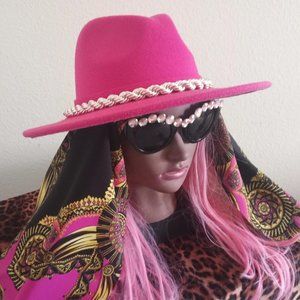 Pink Panama Hat With Silver Chain and Matching Scarf